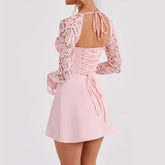 Y2K Lace Long Sleeve Dress Fashion Sexy Corset Backless Lace Up Short Dresses Womens Clothing - kinko